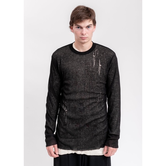 Hyein Seo Men’s Distressed Knit Sweater Sz Small Black Distressed Stretch Sheer - Picture 1 of 11
